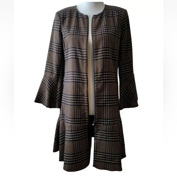 Cabi Cabi Brown black Plaid 2 Way Zip Peplum Hem Flounce Top Jacket Size L - Picture 4 of 13